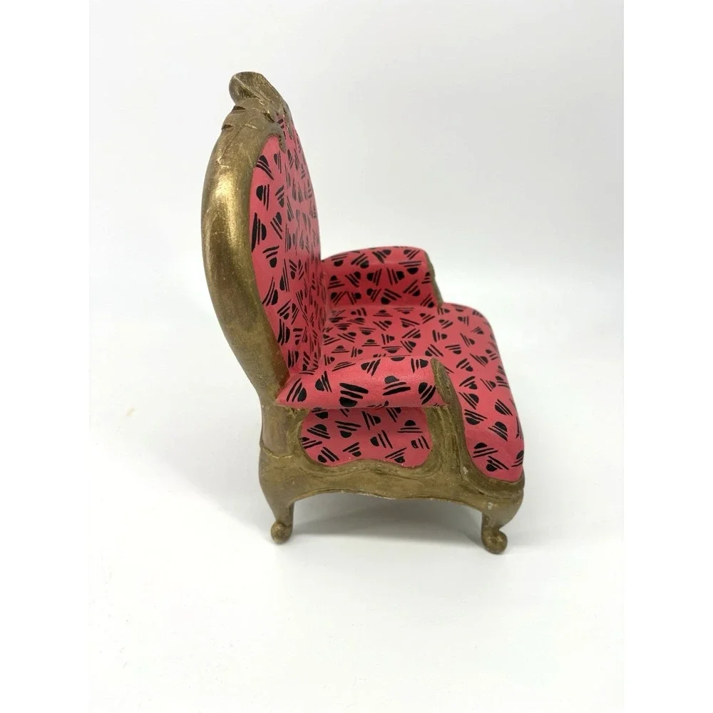 Vintage Miniature Dollhouse Armchair Ornate Gold Trim Pink Print Accent Chair